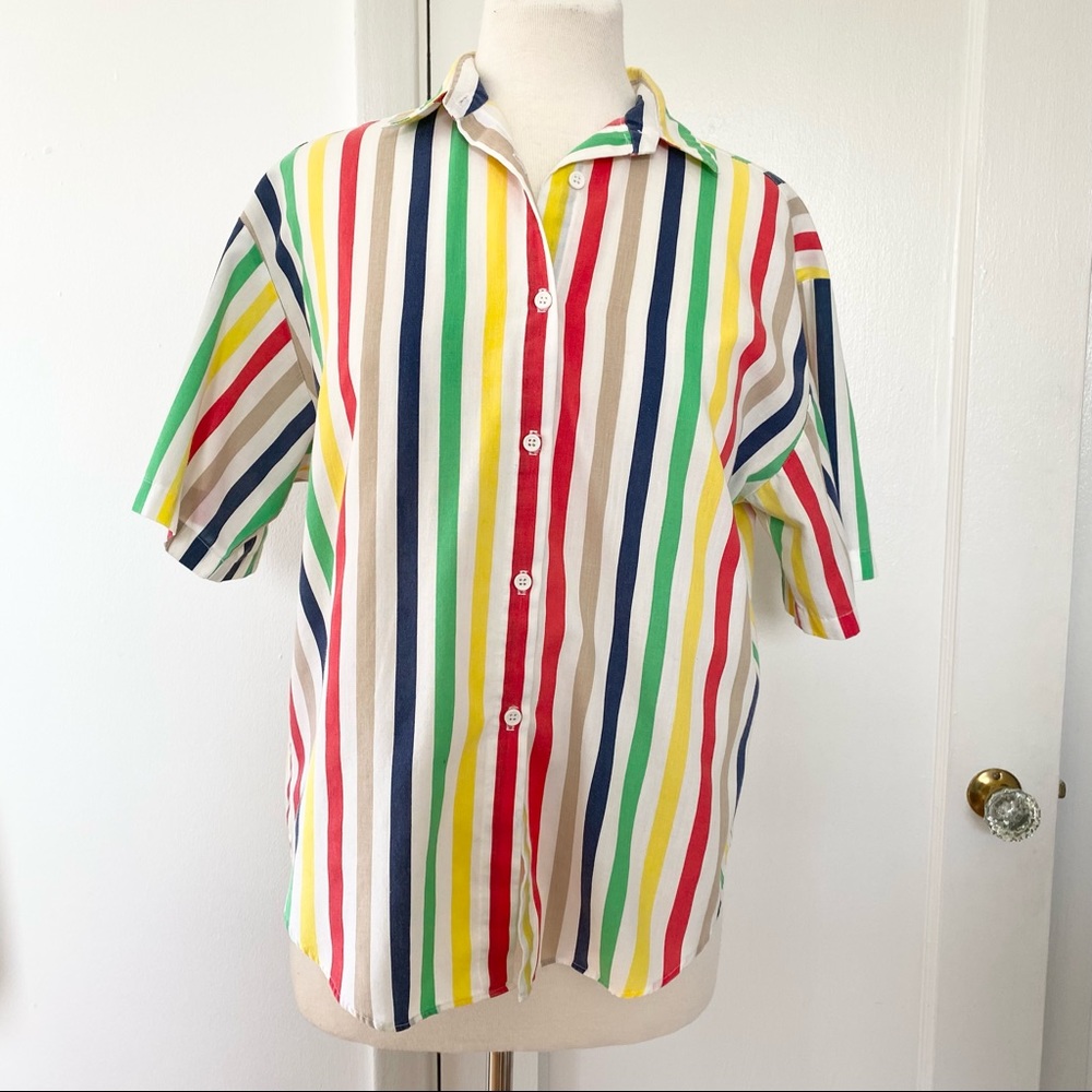 Womens Vintage 80s 90s Rainbow Striped Short Sleeve Shirt S/M